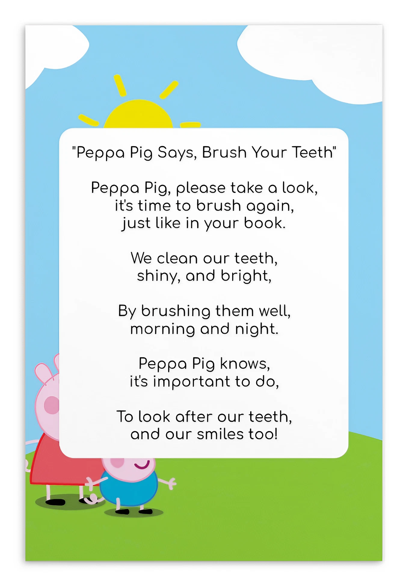 Toothbrushing Song Cards- Peppa Pig Says, Brush Your Teeth