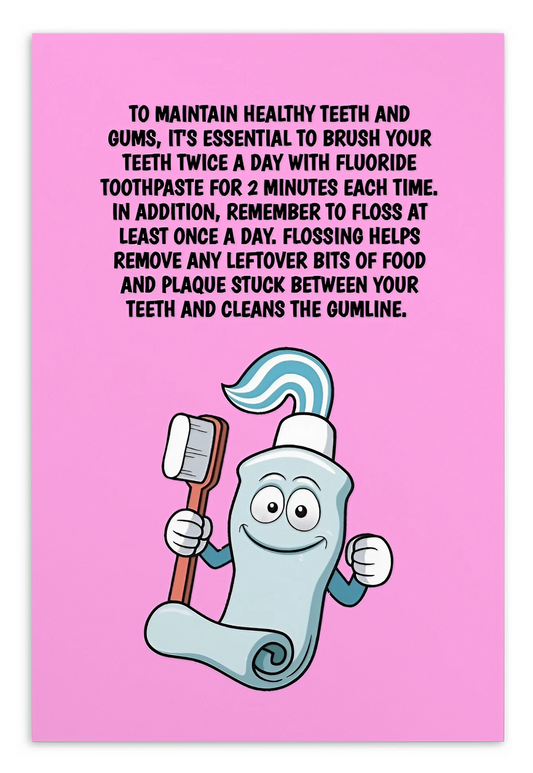 Oral Hygiene Cards-  To Maintain Healthy Teeth And Gums, It's Essentail To Brush Your Teeth Twice A Day With Fluoride Toothpaste