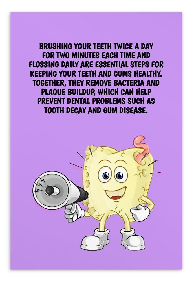 Oral Hygiene Cards- Brushing Your Teeth Twice A Day For Two Minutes Each Time And Flossing Daily Are Essential Steps