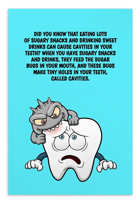 Oral Hygiene Cards- Did You Know That Eating Lots Of Sugary Snacks And Drinking Sweet Drinks Can Cause Cavities In Your Teeth?