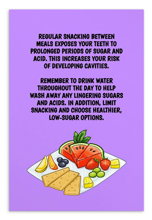 Oral Hygiene Cards-  Regular Snacking Between Meals Exposes Your Teeth To Prolonged Periods Of Sugar And Acid