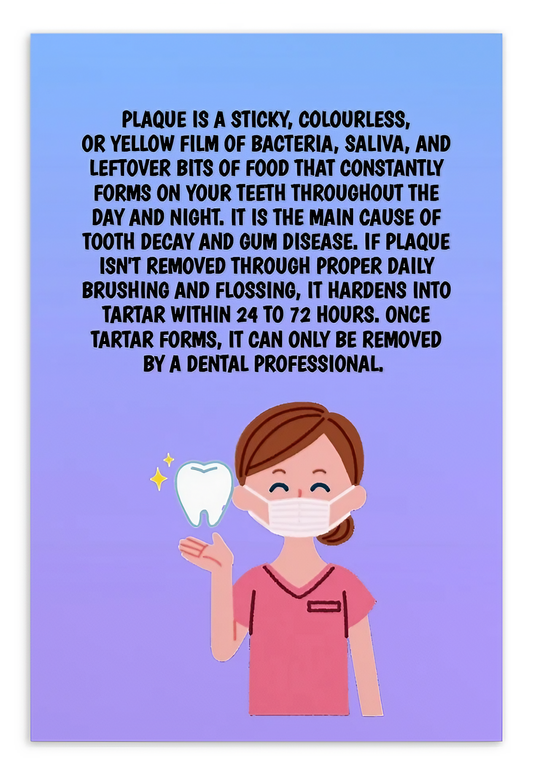 Oral Hygiene Cards-  Plaque Is A Sticky, Colourless Or Yellow Film Of Bacteria, Saliva, And Leftover Bits Of Food That Constantly Forms On Your Teeth