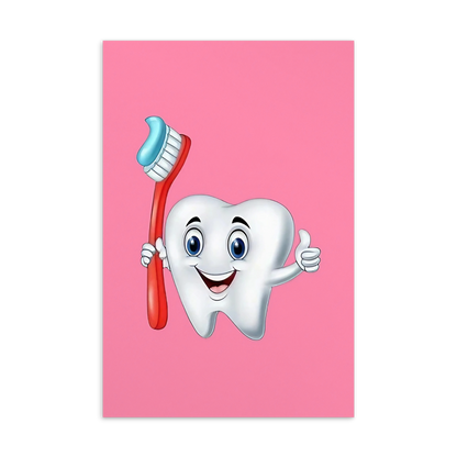Dental Motivational & Reward Cards- Smiling Tooth Holding A Red Toothbrush (Pink Background)